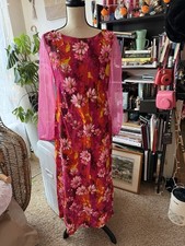 Vtg 60s 70s Hawaiian Hukilau Maxi Dress Pink Floral Chiffon Sleeves 12 Large