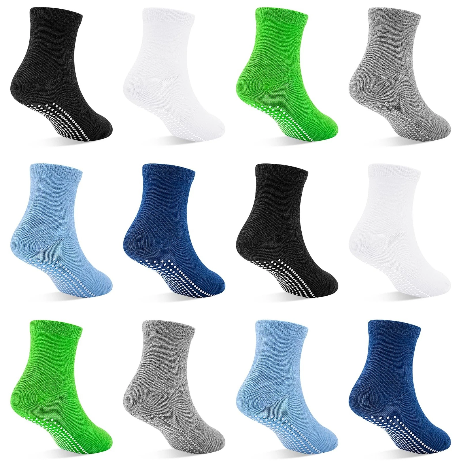 Toddler Boy Socks 12 Pairs Kids Grips Non Slip Skids 1-7 Years Footwear