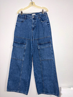 FOREVER 21 Women's Blue Medium Wash Wide-Leg Cargo Jeans 100% Cotton Button