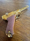 Gold Marx Miniature Toy Luger Pistol Die Cast metal cap toy - works