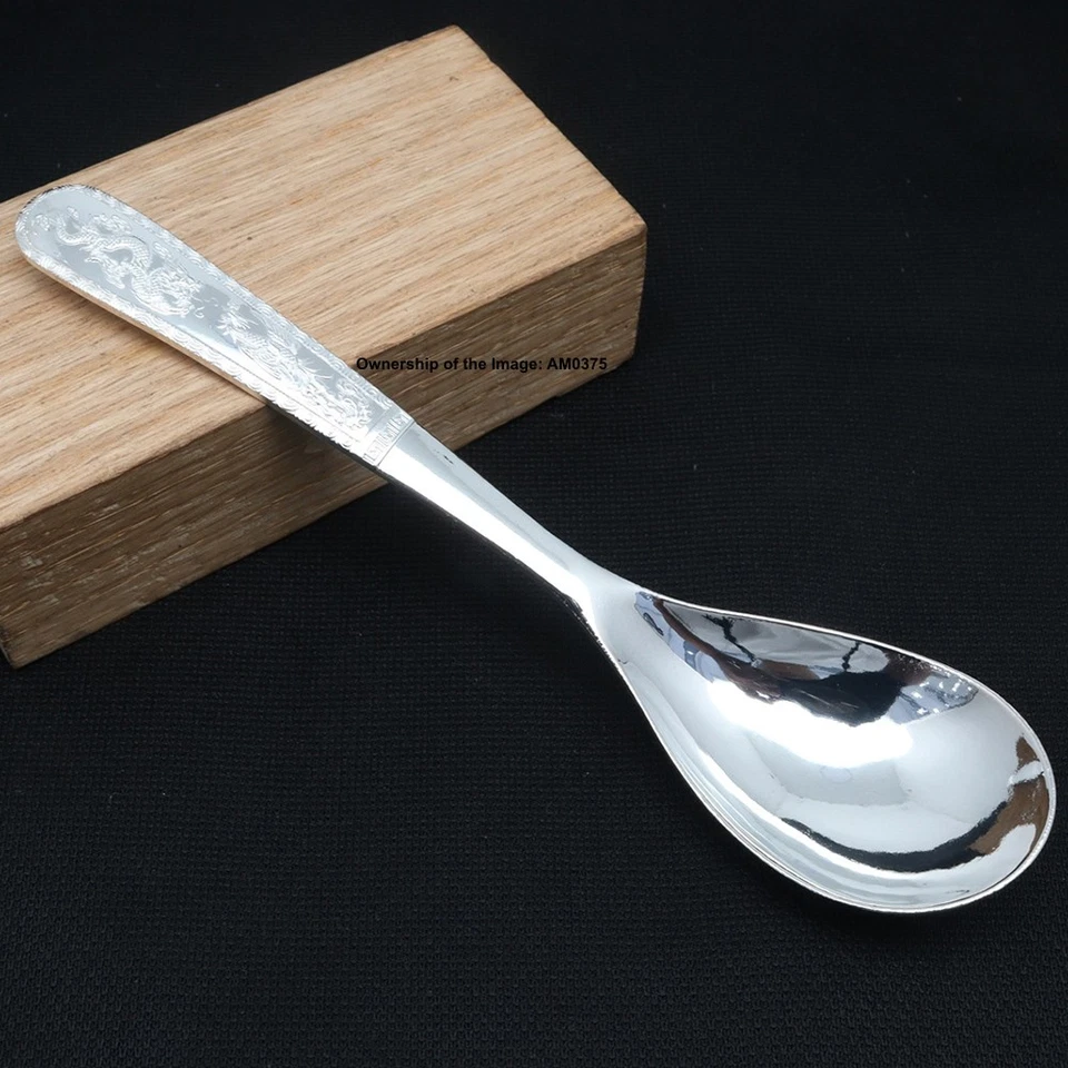 Pure 999 Fine Silver Soup Spoon Flatware DragonPhoenix Handle Dinner Spoon 4.72" - Image 2 of 4