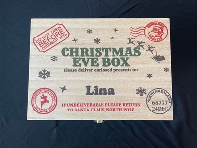 Christmas Eve Wooden Box Presents/ Decor 10  x 7  x 4  Embossed Name - Lina