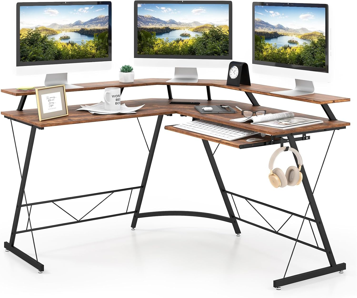 L Shaped Computer Desk Workstation Monitor Shelf Keyboard Tray Power Outlet