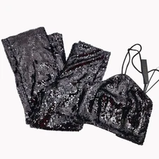 House of Harlow 1960 Women’s XS Black Sequin 2 Pc Halter Crop Top Pants Set New