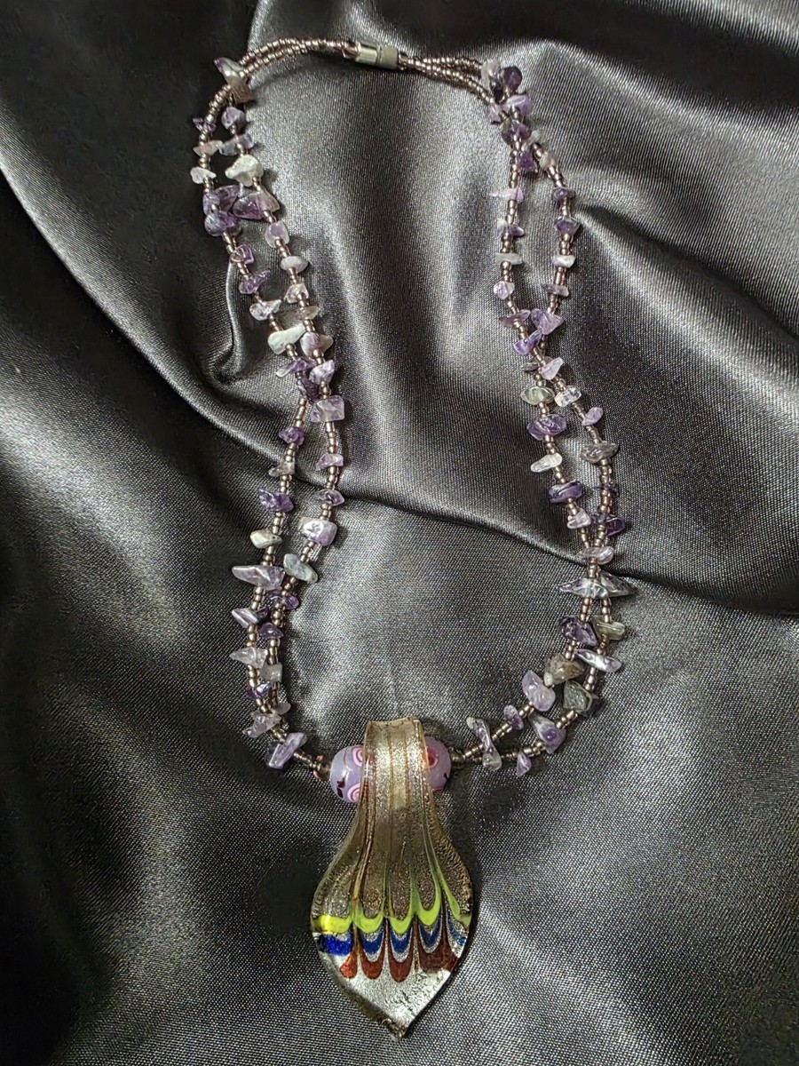 Murano Style Glass Pendant & Amethyst Necklace View 4