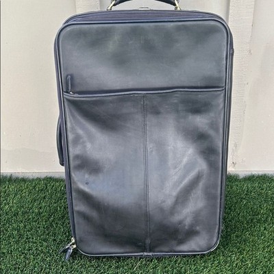 COACH 22'' Charcoal Black Leather Rolling HERITAGE CHECK Suitcase Carry On VTG