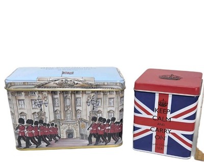 2 English Tea Tins w/Lids Featuring Churchills Buckingham Place & 