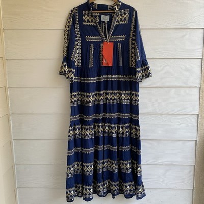 Aether Concept Maxi Dress Blue & Gold Embroidered Small Tiered Boho Flare Sleeve