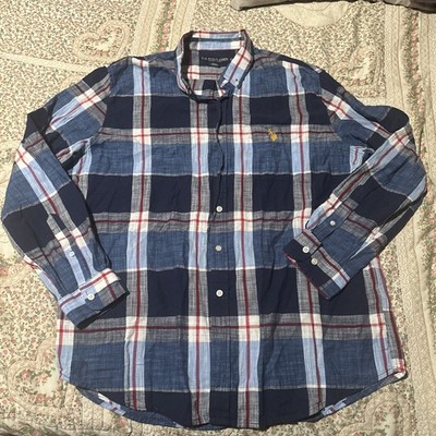 US Polo Assn Men's Flannel Shirt  XL Blue Plaid Button Check Long Sleeve