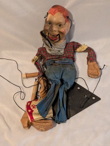 Vintage Marionette Puppet Pre-1970 Plaid Shirt Blue Pants Wooden Control Bar