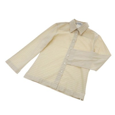 CHANEL Cotton Striped Shirt 3/4 Sleeve Beige Logo 00C Authentic