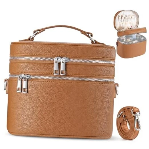 cysiyu Leather Makeup Bag Organizer - Double Layer Vanity Bag - Large Brown