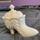 Fenton White Milk Glass Hobnail Shoe Figurine, Lidded, Glossy Finish, 7 Inch