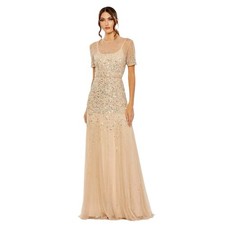 Mac Duggal 93909 Nude Silver Sequin Gown Sheer High Neck Short Sleeve Size 10