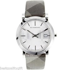BURBERRY ENGRAVED DIAL SHIMMER GRAY SILVER PLAID CHECK BAND SWISS WATCH BU1869