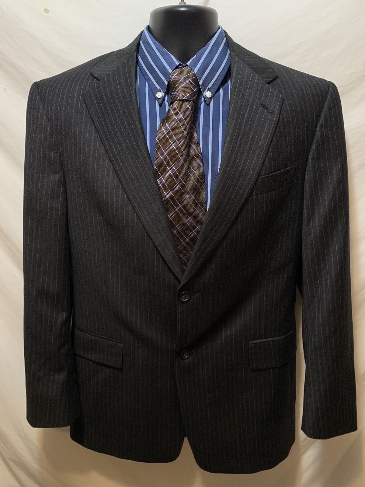 Men's Hart Schaffner Marx Suit Sports Coat 100% Wool Blue Striped 2 Btn 40R