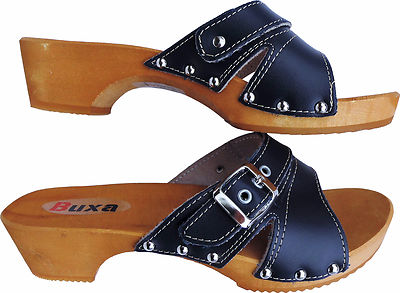Elegante Schweden HOLZ CLOGS - Gr.40 Dunkel BLAU, Echt LEDER 