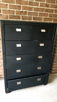 Black Leather 6 Drawer Tall Boy Glass Top Dressers Drawers