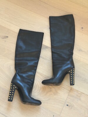Auth Gucci Jacquelyne Tall Boots Cowhide Gold Studs Size 37.5 7 7.5
