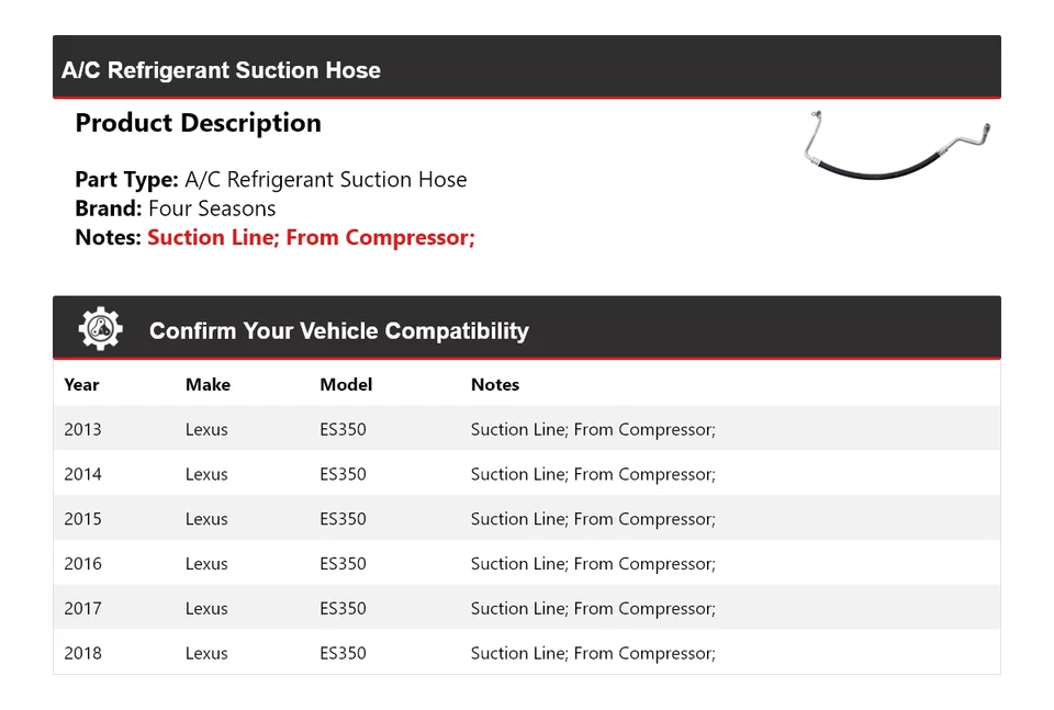 For 2013-2018 Lexus ES350 A/C Refrigerant Suction Hose 4 Seasons 2014 2015 2016 - Image 2 of 4