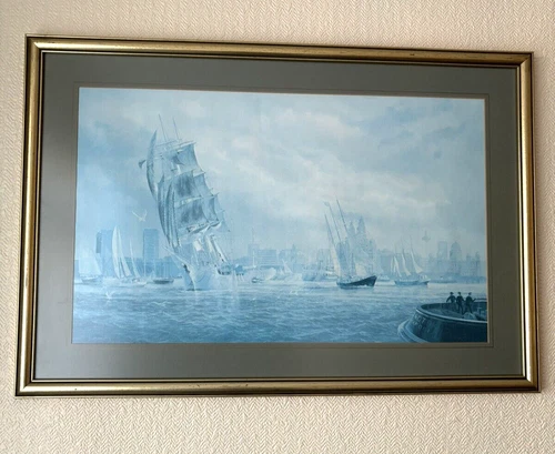 Large E D Walker Framed & Glazed Maritime Print Tall Ships in the Mersey Signed