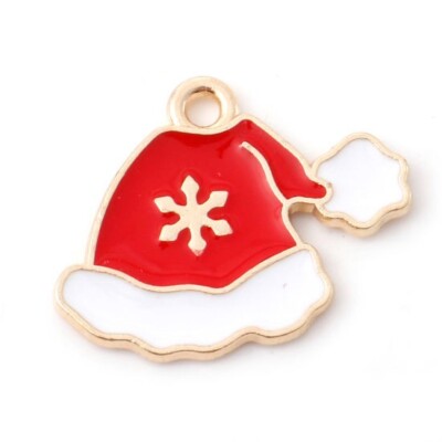 10 hübsche rote Winter Weihnachten Nikolausmütze & Schneeflocke goldfarben Charm Anhänger