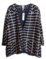 NWT Chico's 2, XL 14 Textured Travelers Strip Jacket Navy Blue Gold Lined 149
