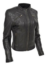 Womens Genuine Black Leather Biker Style Jacket Girls Zip Up Fitted Casual Coat