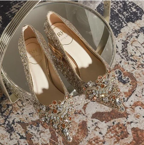 Women Pointed Toe Glitter Bridal Wedding Shoes Sequins Rhinestone 3cm Heels Pump - Picture 9 of 12