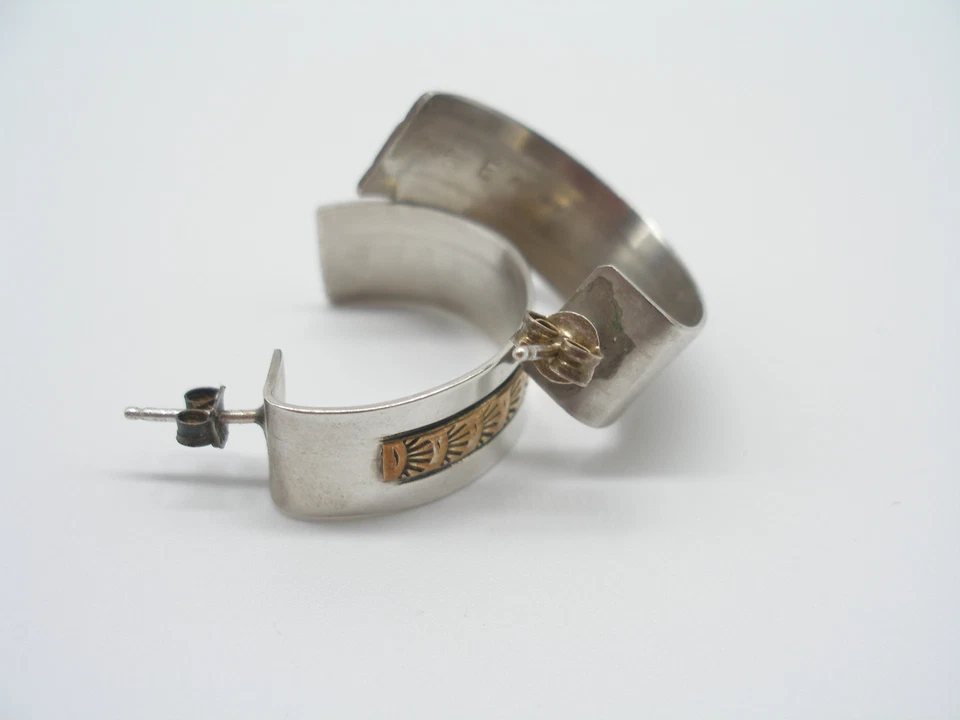 HOOP EARRINGS 12 KT GOLD FILLED STERLING SILVER 1"  SOUTHWEST STYLE  UNIQUE - Image 4 of 4