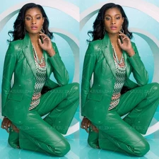 Green Leather Women's Suits Fashion Trend Lady Office Work Coat Pant Two Pieces