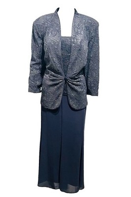 Alex Evenings Plus Size 18 Blue Gray 2Pc Dress & Shimmer Jacket Jersey Knit Midi