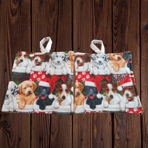 Handmade Potholder, Set of 2, Reversible Christmas Puppies and Christmas Lights - Picture 2 of 9