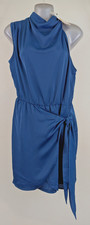 New Pretty Garden sz M Satin Dress blue one shoulder faux wrap skirt 3590