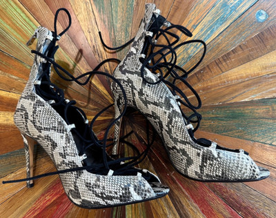 RAYE 'Bree' Lace Up Gray Python Heels Stiletto Pumps REVOLVE CLOTHING 37.5 US 7