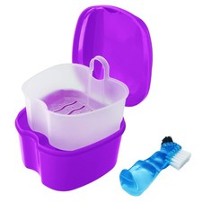 Colorful Denture Bath Case with Brush, Cup Soaking Holder Purple