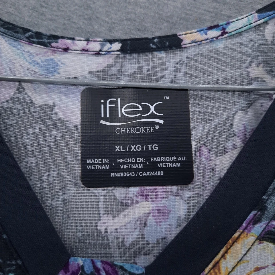 Cherokee iFlex Scrub Shirt Womens XL Black Floral V-Neck CK641 Stretch Pockets - Image 2 of 4