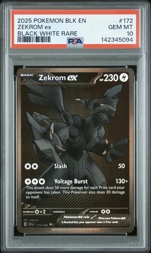 Pokemon 2025 Zekrom ex 172/086 Black White Rare Black Bolt GEM MINT PSA 10