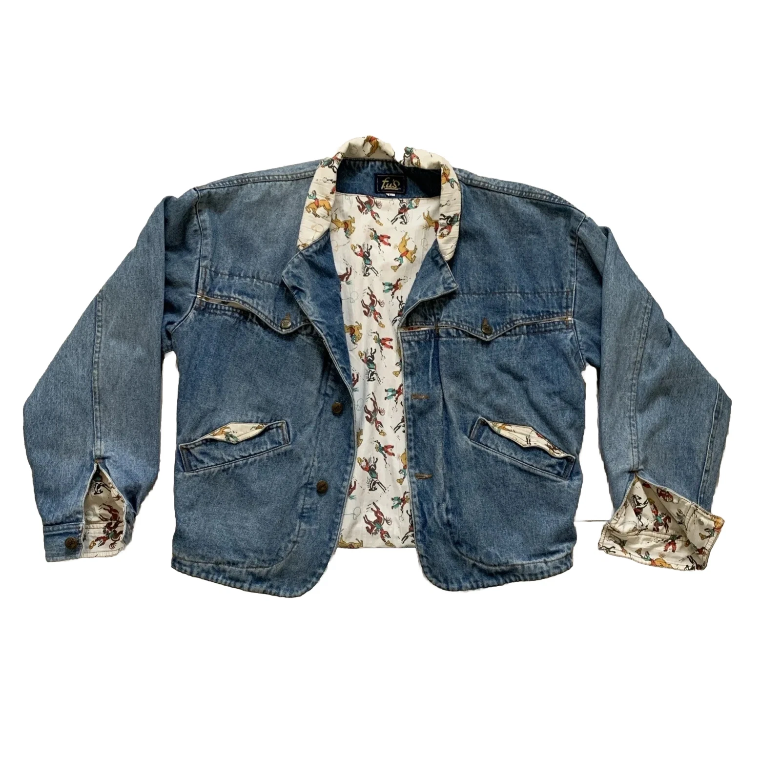 Vintage Denim Jacket, F.J.S, Cowboy / Horse Lining, Large / Medium, 70/80/90s