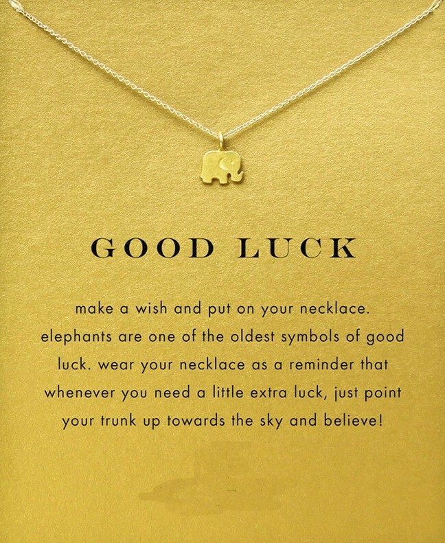 Lucky Elephant Necklace Gold Dipped Trunk up with good luck card