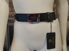 GIANNI VERSACE Blue Crackle Leather Silver Chain Belt NWT 755 Size 32