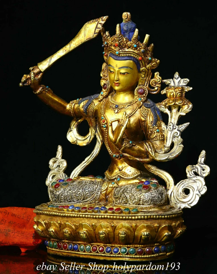 8.8" Antiguo Tíbet Bronce 24K Oro Incrustación Gemas Wenshu Guan Yin Diosa Estatua Foto 3 de 4