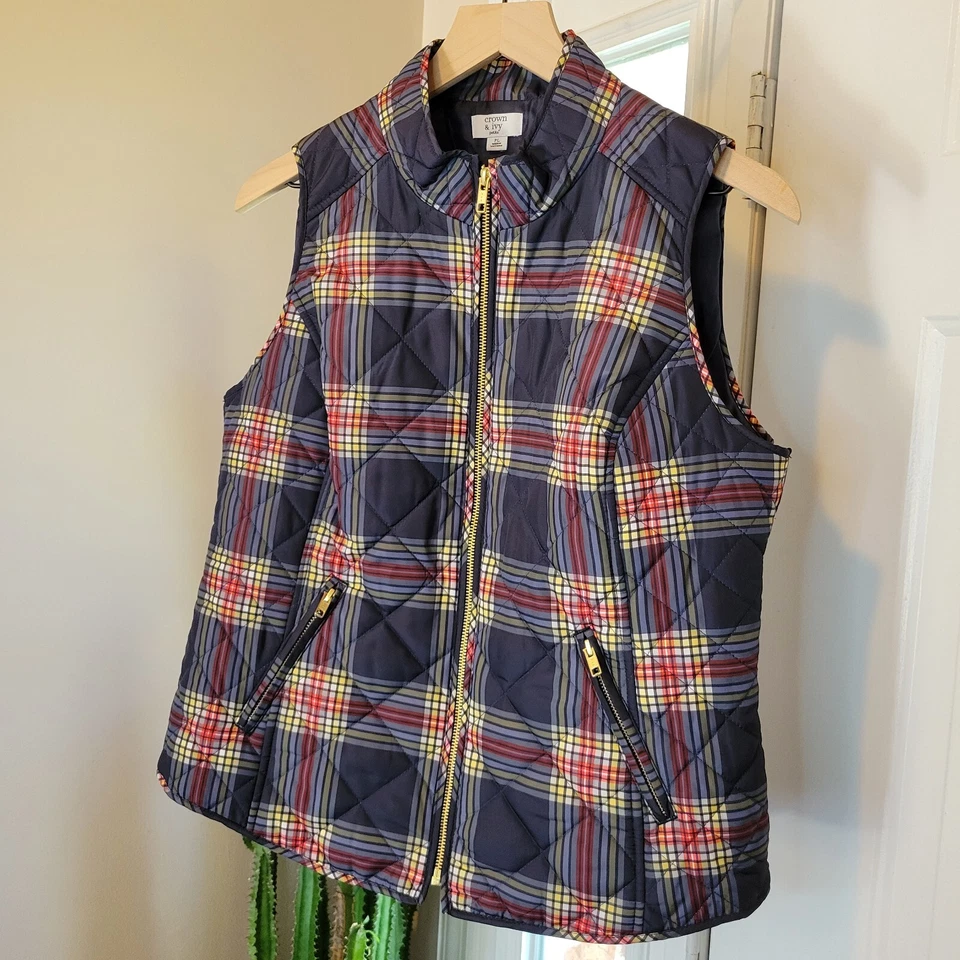 Chaleco acolchado Crown & Ivy azul a cuadros cintura ajustable, talla pequeña L Foto 3 de 4