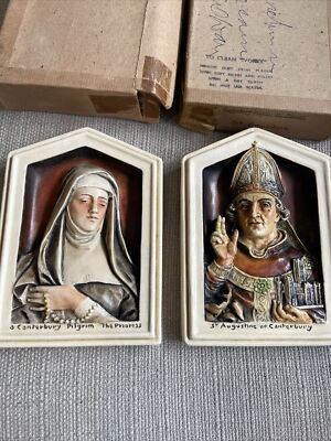 2x SELTENE VINTAGE OSBORNE IVOREX 5-seitige WANDTAFELN CANTERBURY PILGRIM ST AUGUSTINE