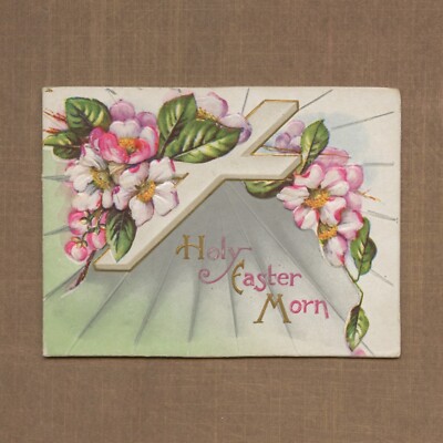 Used Vintage Easter Embossed Greeting Card, Flower Cross Holy Strength to Bear