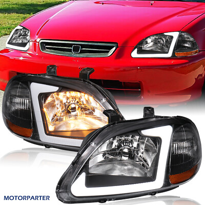 Chear Headlights w/ LED DRL Tubes For 1996-1998 Honda Civic Head Lamp RH+LH