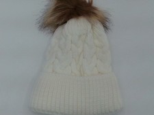 White Fleece Beanie Hat Cap Knit Plain Solid Winter Warm Hat With Faux Fur Pom