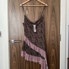 Urban Outfitters Leopard Check Mesh Asymmetric Brown Pink Mini Dress L NEW £44
