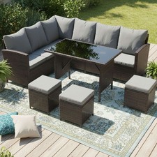 Image of Garden Rattan Furniture Set 9 Seater Lounger Sofa Footstool Glass Table Brown