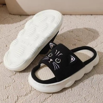 Womens Cute Cat Slippers Thick Sole Linen Breathable Summer Open Toe Cloud Slide